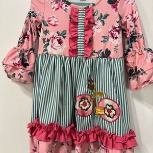 Floral Pink and Green Striped Kids Dress